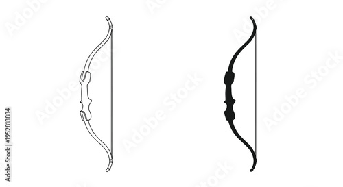 Two depictions of a traditional recurve bow are presented in contrasting black and white line art styles high quality