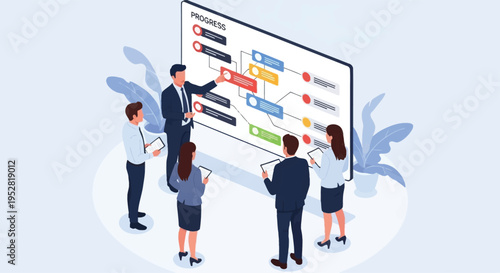 Business team collaborating on a project flowchart presentation.