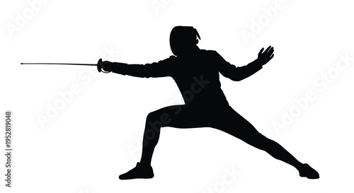 A silhouetted depiction of a fencer in a dynamic lunge weapon extended showcasing athletic prowess and focus high quality