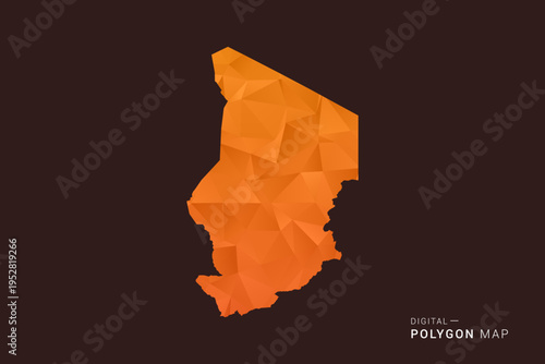 Chad Map - low poly polygon vector, geometric triangulated silhouette in orange and dark brown tones, clean modern infographic style, isolated background.