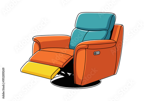 Comfortable orange recliner chair with teal headrest and yellow footrest, isolated on white
