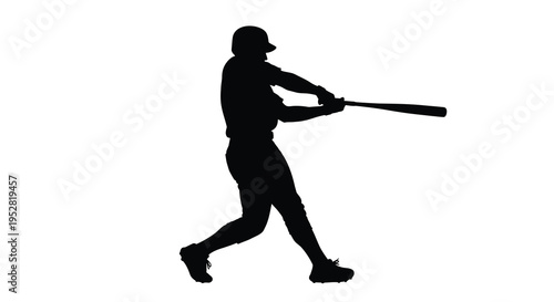 A silhouetted baseball player is captured mid swing showcasing dynamic motion and athletic form against a stark white background