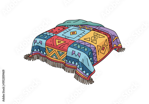 Colorful bohemian blanket with geometric patterns and fringe detail draped over a surface