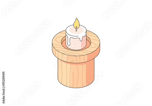 Simple isometric illustration of a lit candle in a wooden candlestick on a white background
