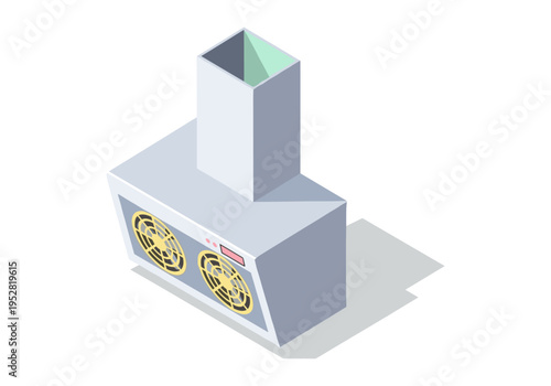 Isometric illustration of a modern kitchen range hood with dual fans and exhaust vent