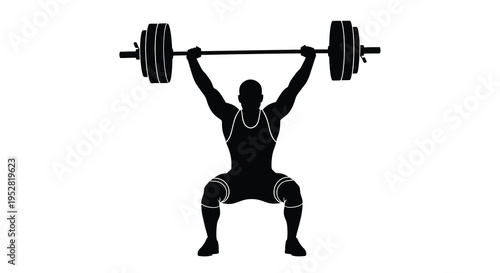 A silhouette of a muscular man successfully lifting a heavy barbell overhead demonstrating strength and athletic prowess high quality
