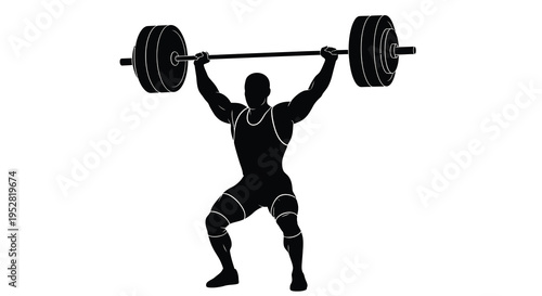A striking black silhouette depicts a muscular weightlifter successfully completing an overhead barbell press exercise high quality professional detailed