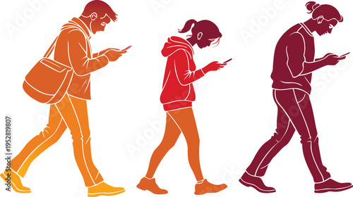 Set of 3 vector illustrations depicting diverse people walking while looking down at their smartphones, highlighting digital addiction and poor posture in modern society.