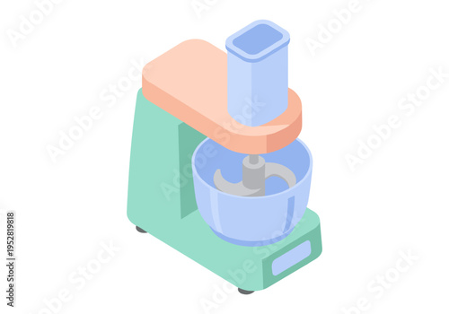 Isometric food processor with a blue bowl and silver blades on a white background
