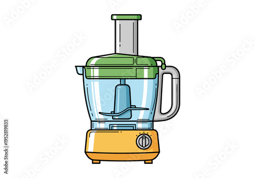 Modern kitchen food processor with transparent bowl and green lid, isolated on white background