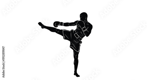 A striking silhouette depicts a muay thai fighter executing a powerful roundhouse kick showcasing athletic prowess high quality professional