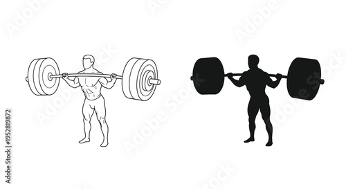A graphic illustration depicts a weightlifter in two styles a line drawing and a solid silhouette showcasing strength