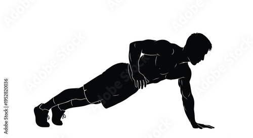 A silhouetted image depicting a man performing a plank exercise showcasing core strength and physical fitness high quality professional