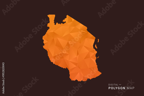 Tanzania Map - low poly polygon vector, geometric triangulated silhouette in orange and dark brown tones, clean modern infographic style, isolated background.
