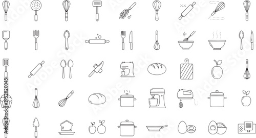Collection of black line kitchen utensils and food on white background cooking baking whisk