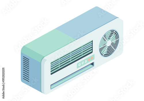 Modern isometric air conditioner unit with fan and vents on a white background