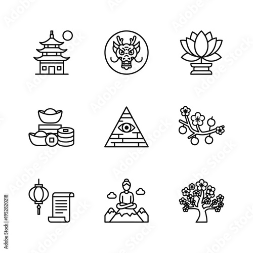 Collection of Asian cultural and spiritual icons.