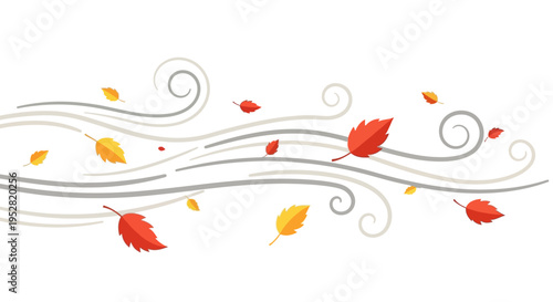 Autumn leaves blowing in the wind, swirling air currents, white background
