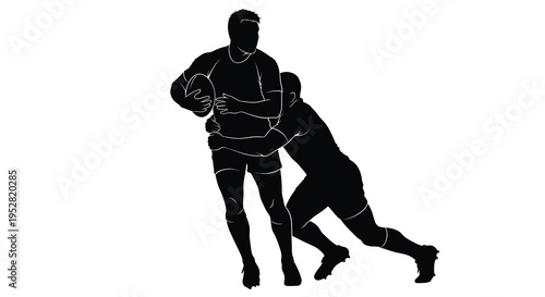 A stark silhouette depicts a rugby player attempting to break a tackle during intense gameplay action high quality professional