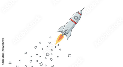 Cartoon Rocket Ship Launching into Space with Stars Trail