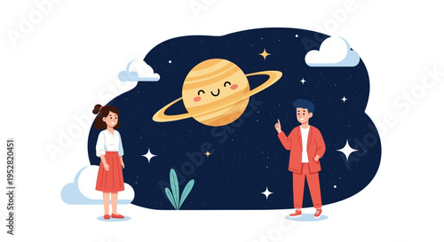 Children learning about Saturn planet in starry night sky, educational illustration