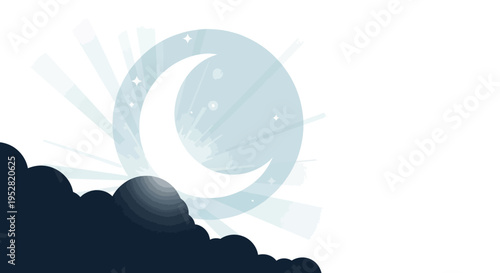 Crescent Moon Shining Through Clouds with Stars and Rays