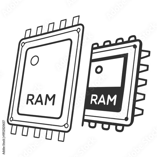 Two computer random access memory chips electronic component for data storage and processing in digital devices and computers