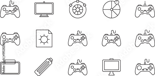 Collection of black outline for gaming and technology on white background game controller gamepad joystick
