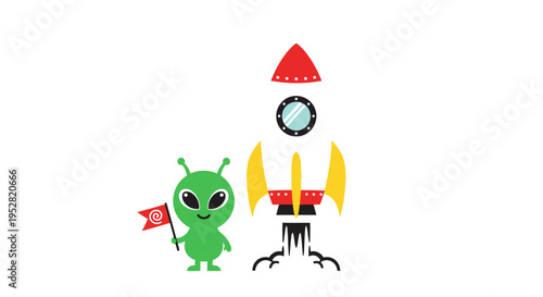 Cute Alien with Rocket Ship, Space Exploration, Sci-Fi Adventure