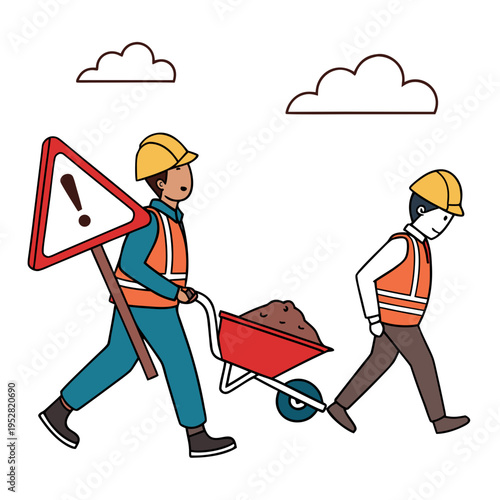 Two builders walking at construction site carrying warning alert sign and red wheelbarrow filled with soil wearing protective gear and safety vests