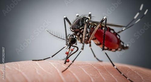 Close-up of a mosquito feeding on human skin bloodsucker.