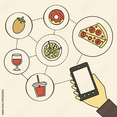 Hand holding smartphone for online food delivery service with icons of pizza donut drink wine glass and vegetable in flat vector design concept
