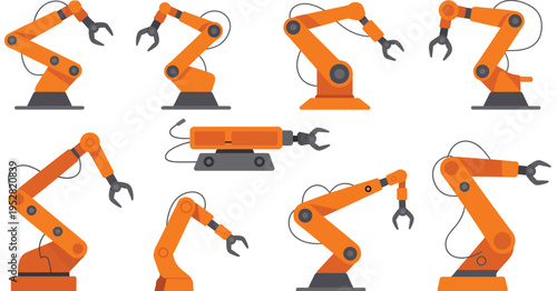 Collection industrial robotic arm illustration vector set for logo, modern automation and robotic equipment symbols, simple factory machinery icons, minimal engineering technology shapes