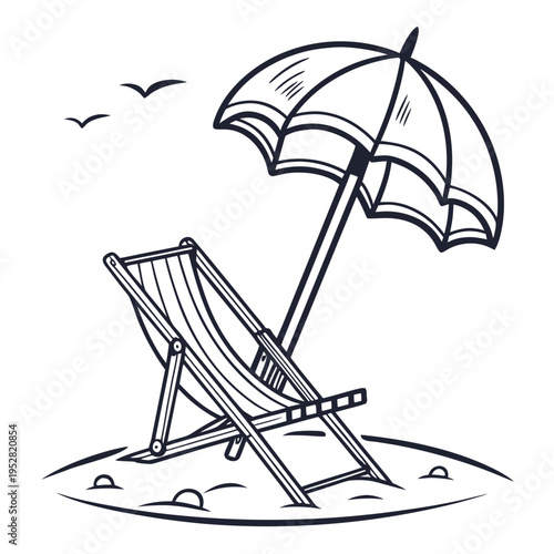 Beach chair with umbrella and flying seagulls line art vector illustration for summer vacation holiday travel theme outdoors on sandy shoreline