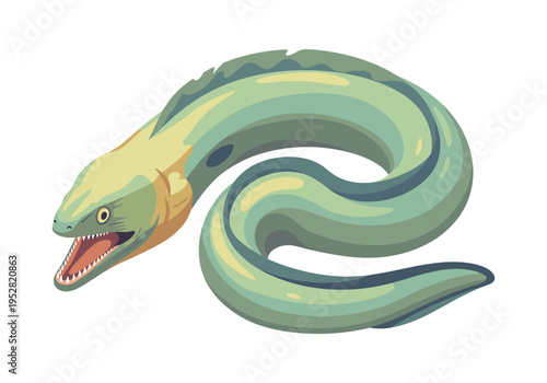 Illustration of a green moray eel with its mouth open, showing sharp teeth and a coiled body