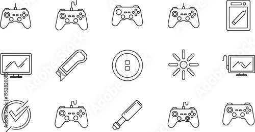 Collection of black outline for gaming and technology on white background gaming controller game joystick