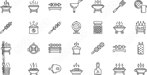 Collection of black outline for grilling and barbecue cooking barbecue grill food