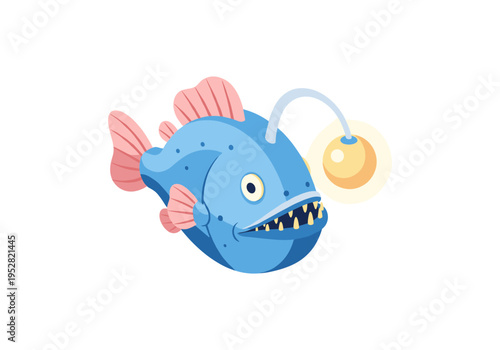 Cartoon anglerfish with a bioluminescent lure, isolated on a white background