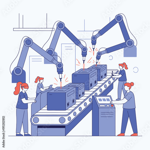 Automated Factory Production Line with Robotic Arms and Workers.
