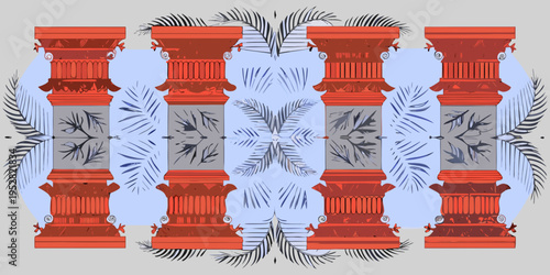 Symmetrical arrangement of red columns with palm leaf reflections