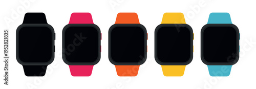 Set of vector Smartwatch with various colorful replacement bracelets and straps. Mockup for design. Modern technologies and active lifestyle 