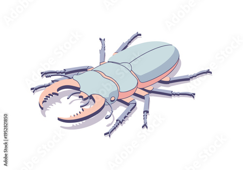 Stylized illustration of a stag beetle with large mandibles in a pastel color palette