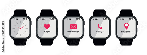Set of modern smartwatches with various app notifications on the touch screen. Time, Incoming calls, health data, message, geolocation. Modern wearable devices isolated on white background.