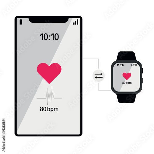 Phone to Smartwatch synchronization. Real-time heart rate pulse check. Digital health monitoring, fitness technology, medical apps.