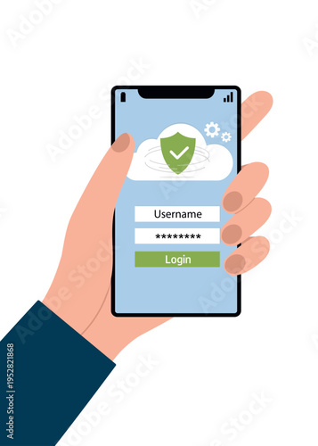Hand holding smartphone and security shield icon on screen. Username and password. Cloud data protection concept. Design for banner, poster, website, presentation, warning, awareness.