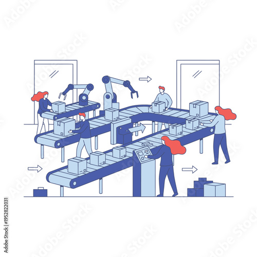 Automated Factory Production Line with Robotic Arms and Workers.