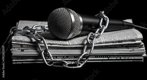 Microphone Enchained on Stack of Newspapers: Censorship Concept.