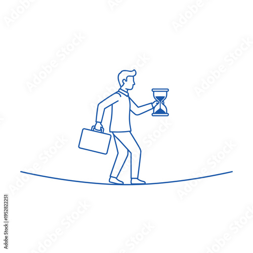 Businessman balancing on tightrope with briefcase and hourglass.
