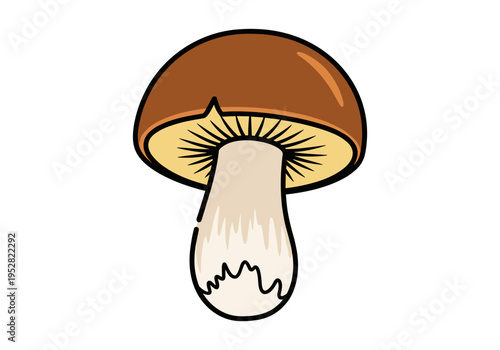 Stylized illustration of a single brown mushroom with a thick stem and gills
