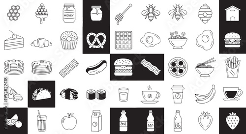 Collection of Hand Drawn Food and Drink with Black and White Backgrounds
